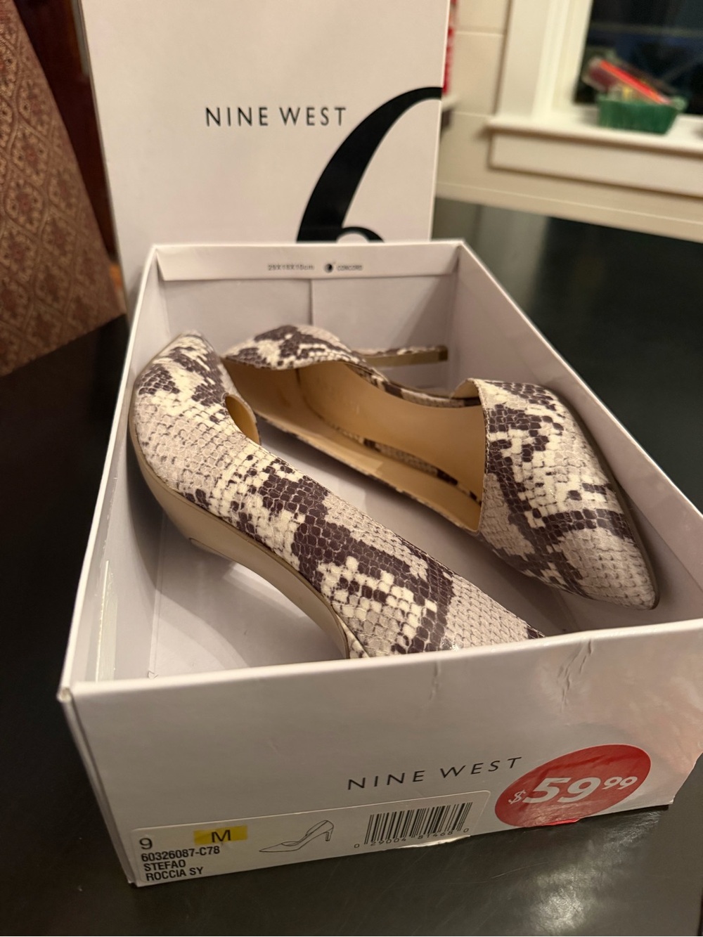 Nine West Snake-Print Pointed-Toe Heels in Cream and Brown